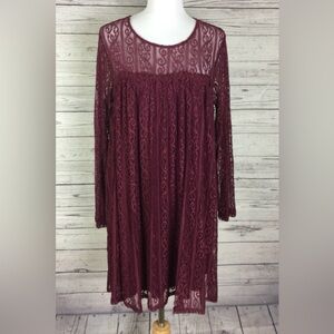 Bow & Arrow Women’s Wine Red Sheer Lace Overlay Lined Gold Back Zip Dress